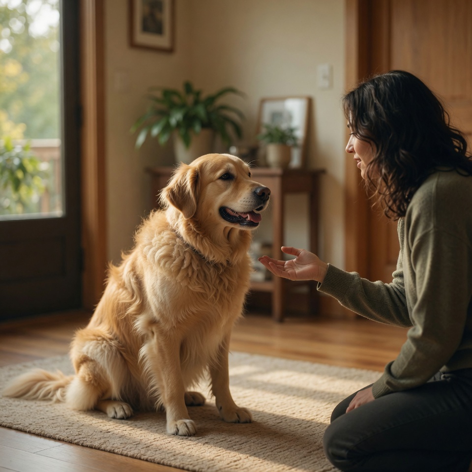 Calm dog meeting a person politely