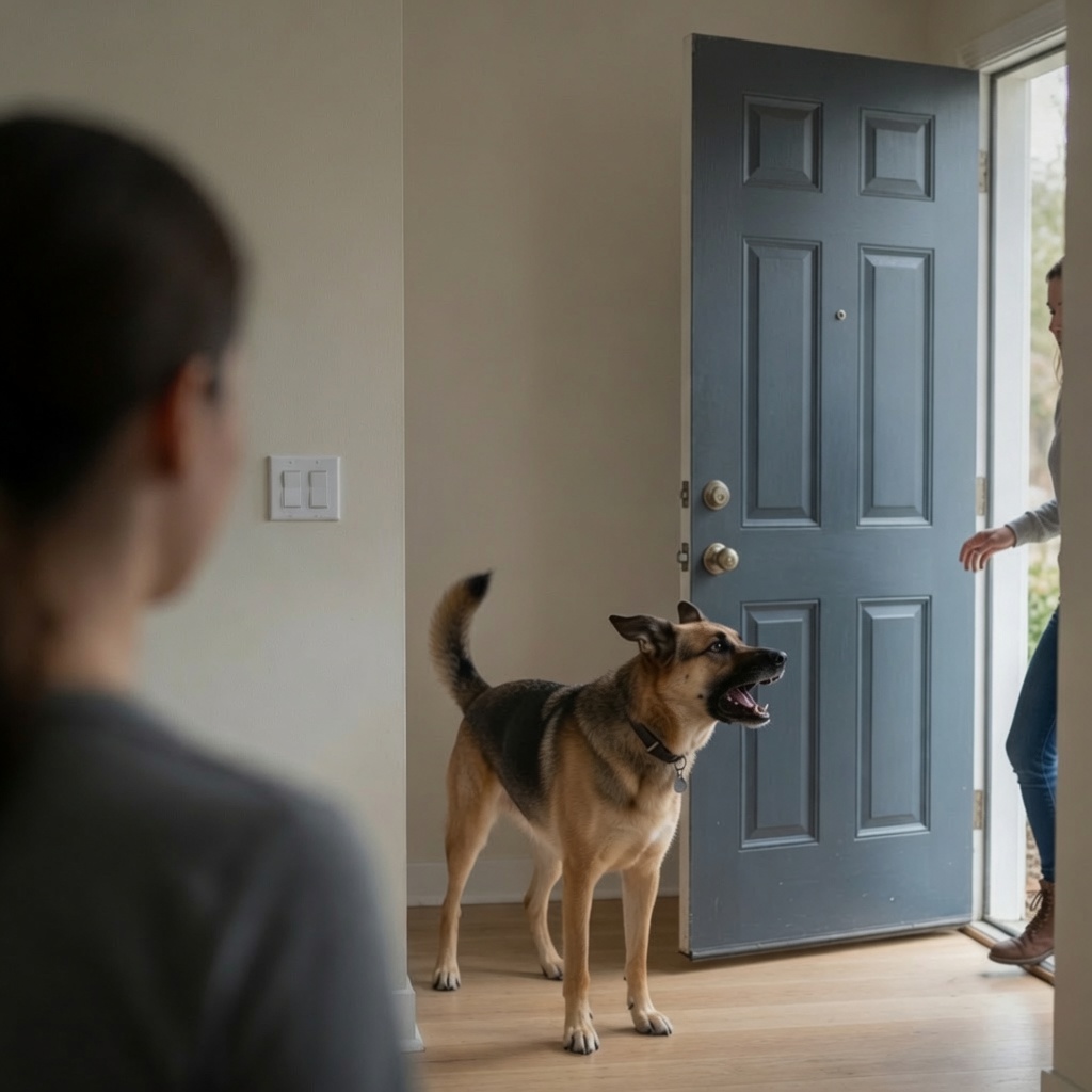 Dog reacting at the door during guest manners training