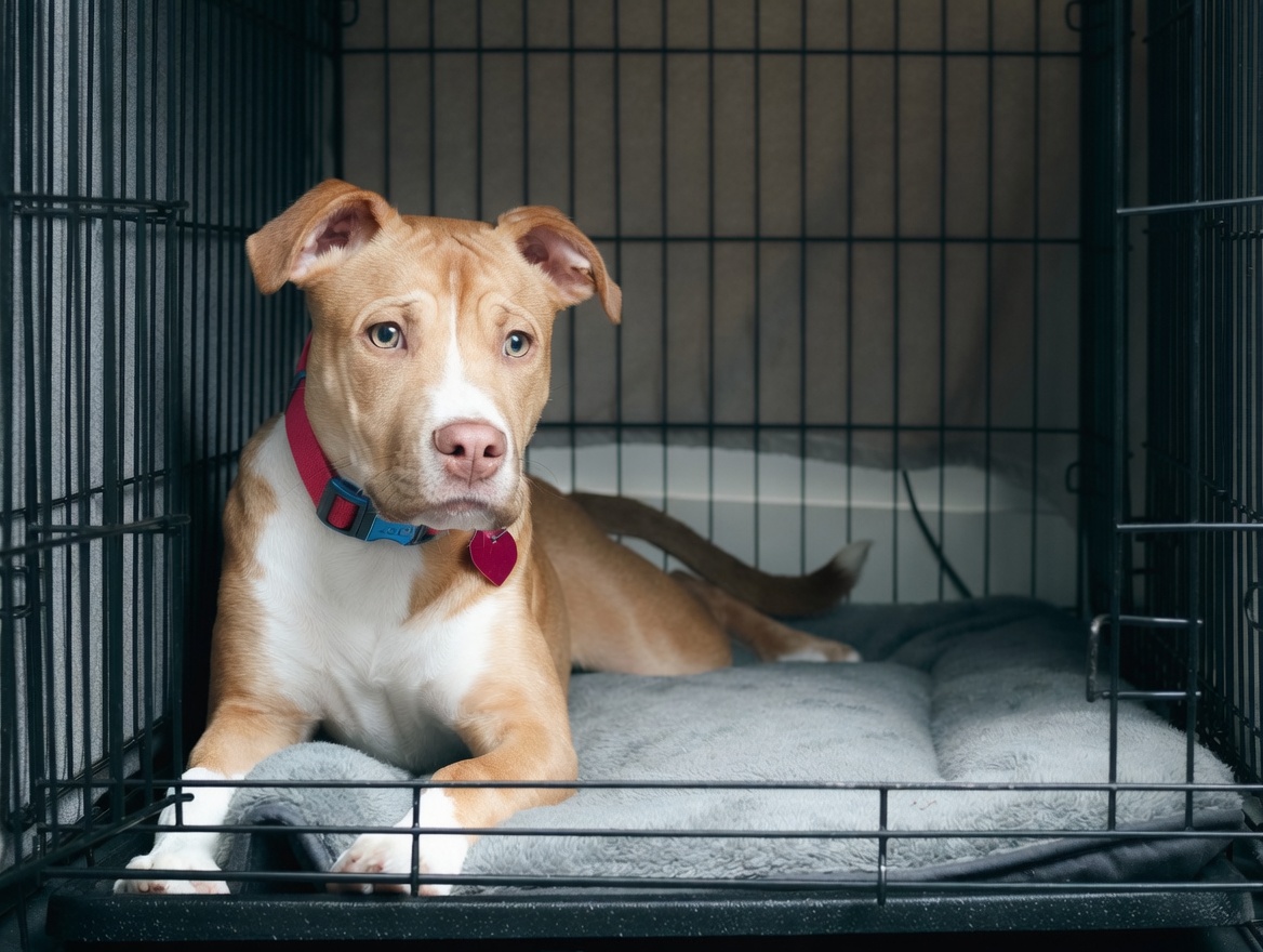 Dog resting calmly in a crate