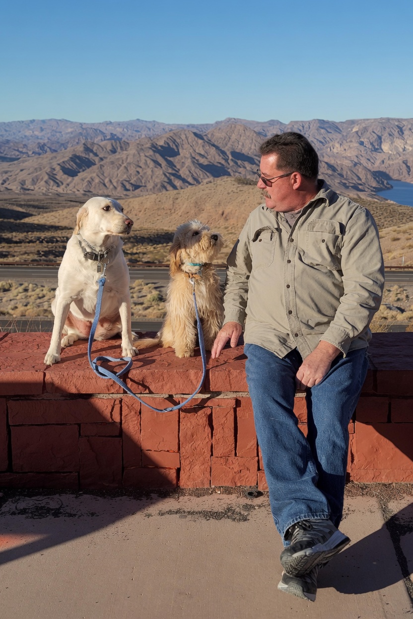 Roy with two dogs during training